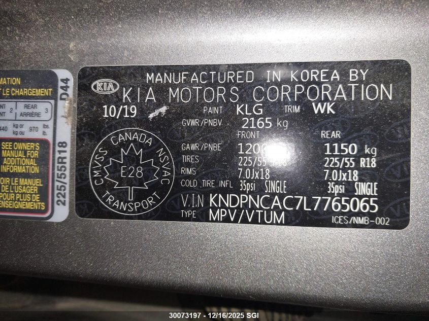 2020 Kia Sportage Ex VIN: KNDPNCAC7L7765065 Lot: 30073197