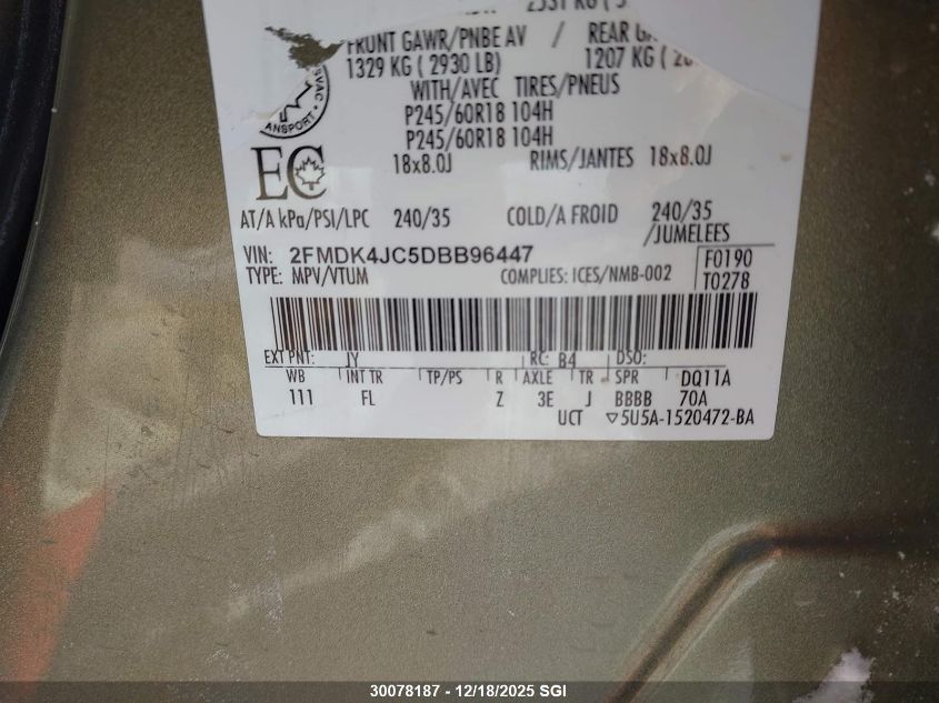 2013 Ford Edge Sel VIN: 2FMDK4JC5DBB96447 Lot: 30078187