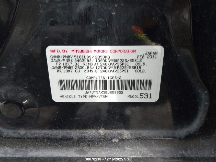 2011 Mitsubishi Outlander Gt VIN: JA4JT5AX3BU609352 Lot: 30078218