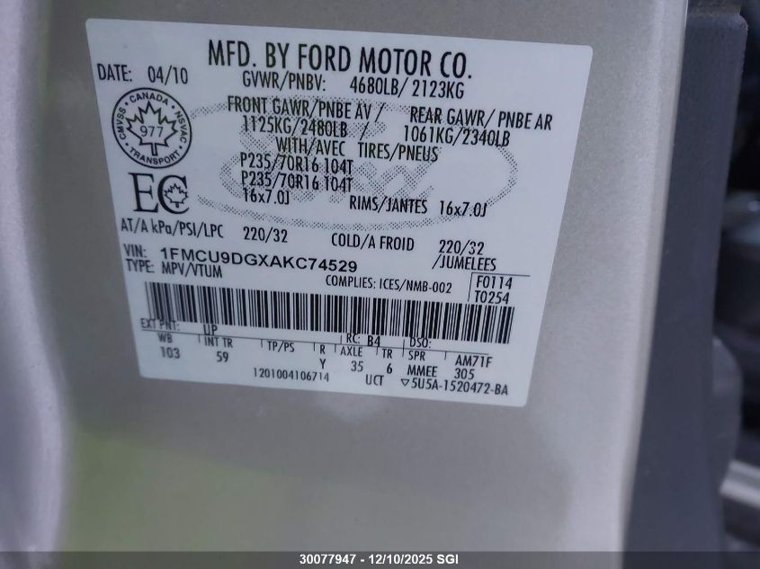 2010 Ford Escape Xlt VIN: 1FMCU9DGXAKC74529 Lot: 30077947