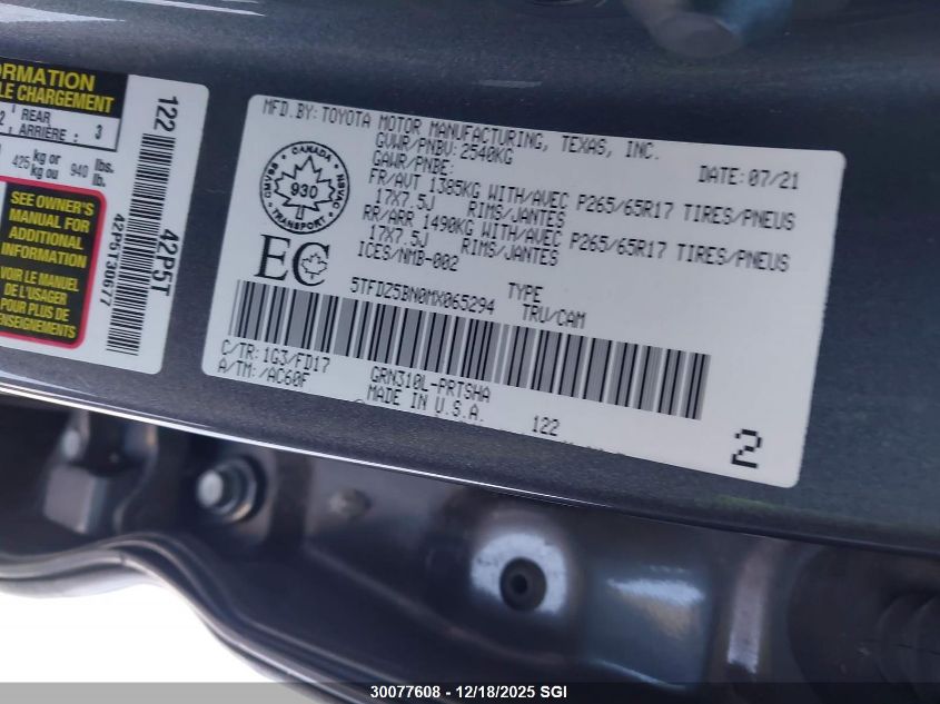 2021 Toyota Tacoma Double Cab/Sr5/Trd Sport/Trd Off Road VIN: 5TFDZ5BN0MX065294 Lot: 30077608