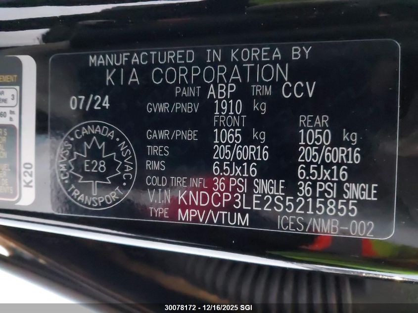 2025 Kia Niro Lx VIN: KNDCP3LE2S5215855 Lot: 30078172