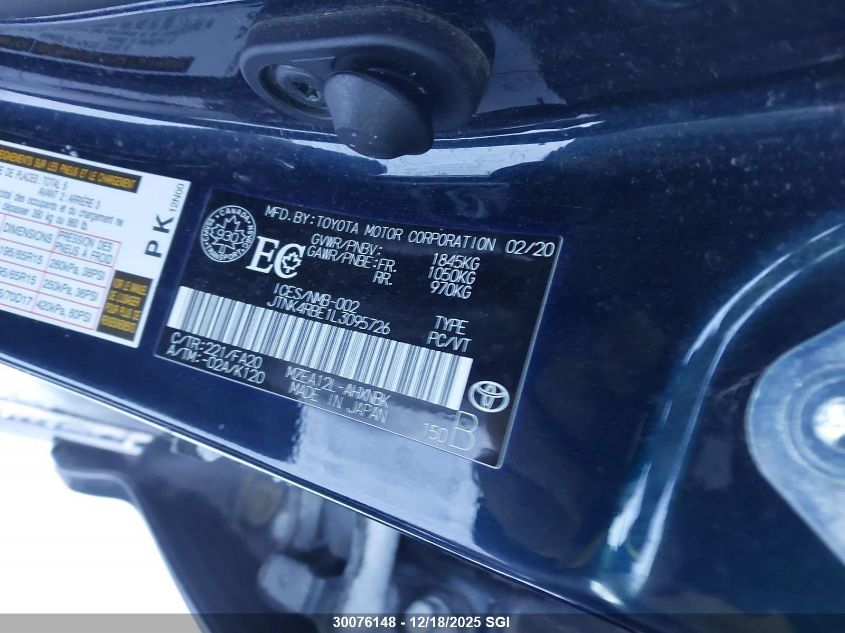 2020 Toyota Corolla Se/Xse VIN: JTNK4RBE1L3095726 Lot: 30076148