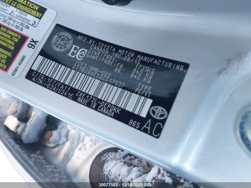 2016 Toyota Corolla L/Le/Le Pls/Prm/S/S Pls VIN: 2T1BURHE5GC517537 Lot: 30077583