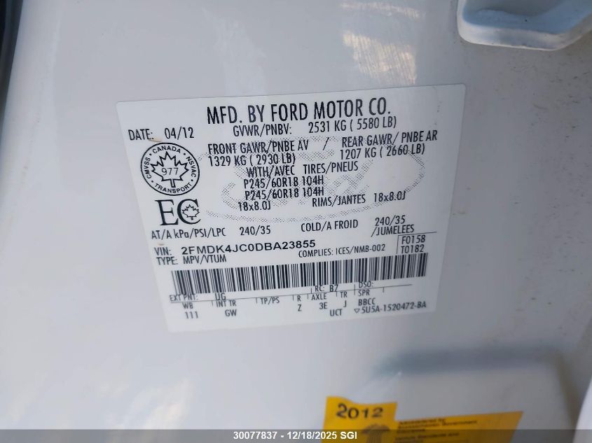 2013 Ford Edge Sel VIN: 2FMDK4JC0DBA23855 Lot: 30077837