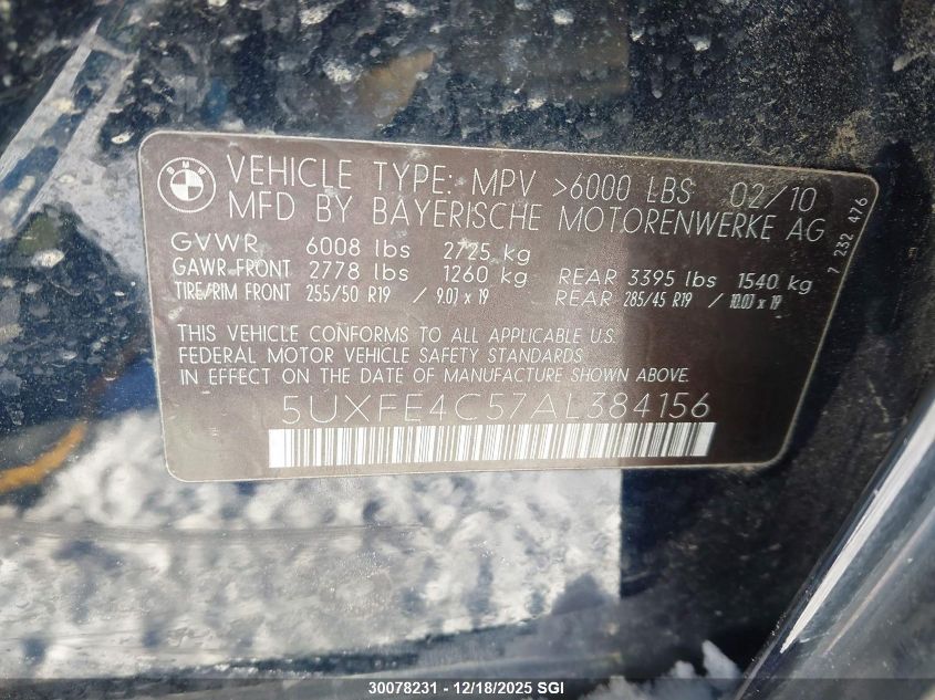 2010 BMW X5 xDrive30I VIN: 5UXFE4C57AL384156 Lot: 30078231