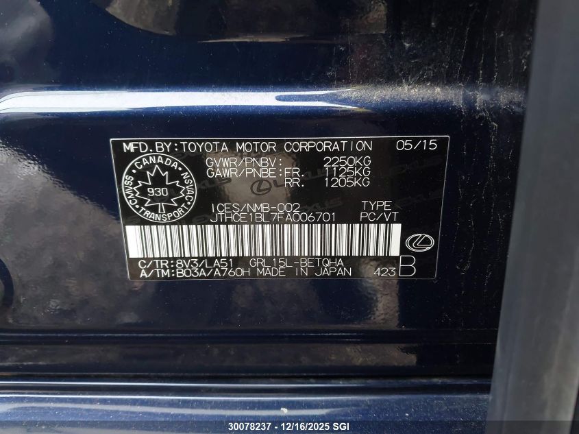 2015 Lexus Gs 350 VIN: JTHCE1BL7FA006701 Lot: 30078237