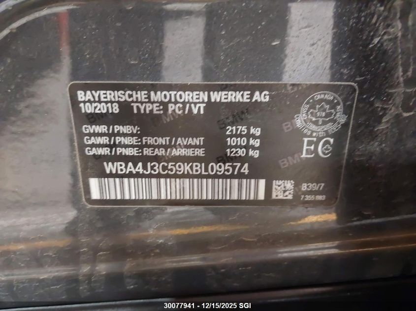 2019 BMW 430Xi Gran Coupe VIN: WBA4J3C59KBL09574 Lot: 30077941