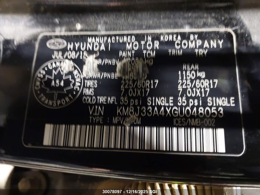 2016 Hyundai Tucson Limited/Sport And Eco/Se VIN: KM8J33A4XGU048053 Lot: 30078097