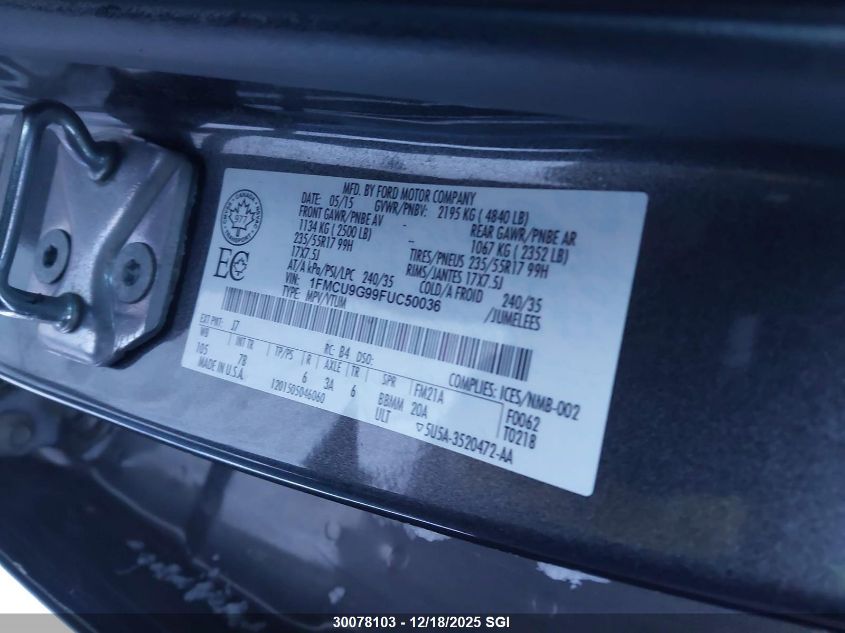 2015 Ford Escape Se VIN: 1FMCU9G99FUC50036 Lot: 30078103