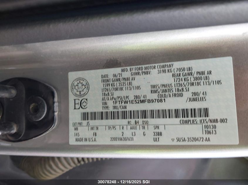 2021 Ford F150 Supercrew VIN: 1FTFW1E52MFB97081 Lot: 30078248