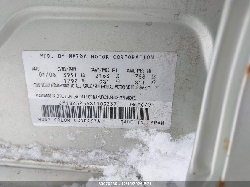 2008 Mazda 3 S VIN: JM1BK323681109337 Lot: 30078250