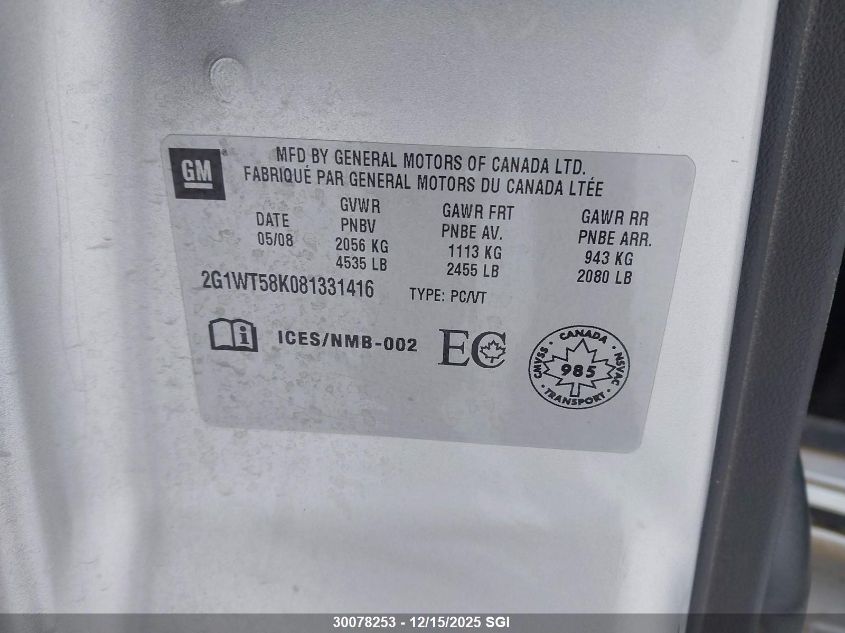 2008 Chevrolet Impala Lt VIN: 2G1WT58K081331416 Lot: 30078253