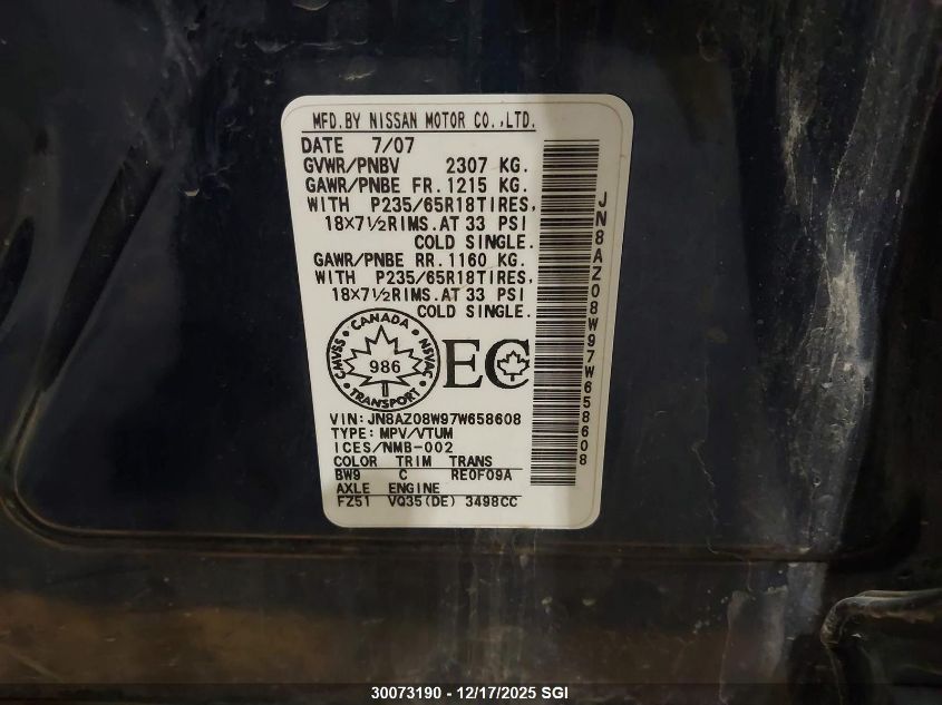 2007 Nissan Murano Sl/Se/S VIN: JN8AZ08W97W658608 Lot: 30073190