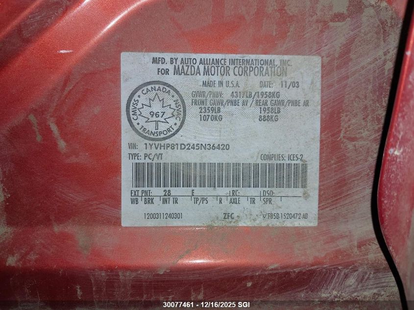 2004 Mazda 6 S VIN: 1YVHP81D245N36420 Lot: 30077461