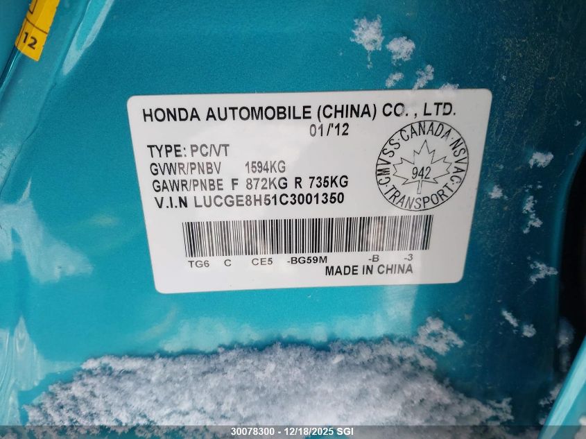 2012 Honda Fit Lx VIN: LUCGE8H51C3001350 Lot: 30078300