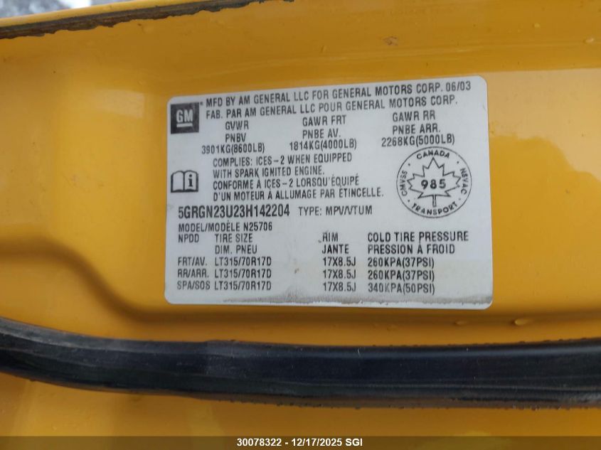 2003 Hummer H2 VIN: 5GRGN23U23H142204 Lot: 30078322