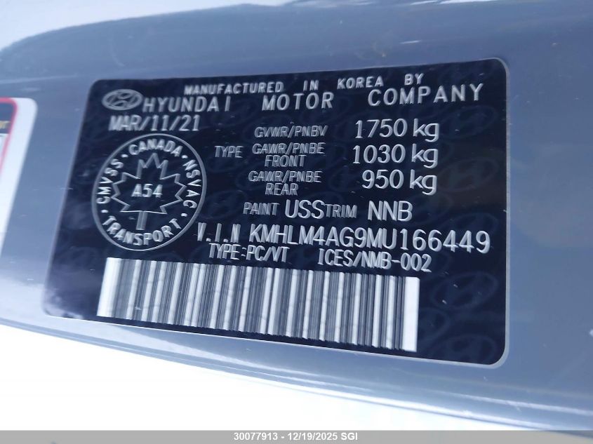 2021 Hyundai Elantra Sel VIN: KMHLM4AG9MU166449 Lot: 30077913