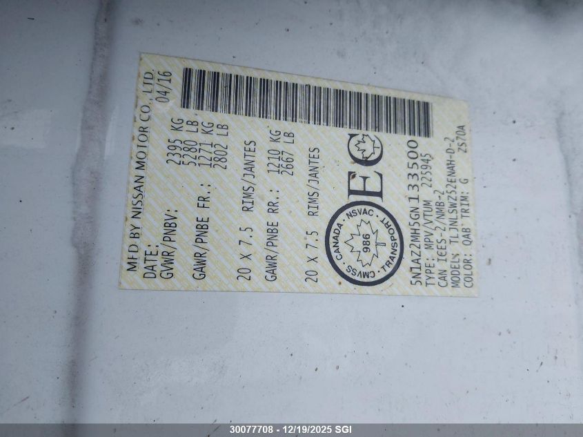 2016 Nissan Murano S/Sl/Sv/Platinum VIN: 5N1AZ2MH5GN133500 Lot: 30077708