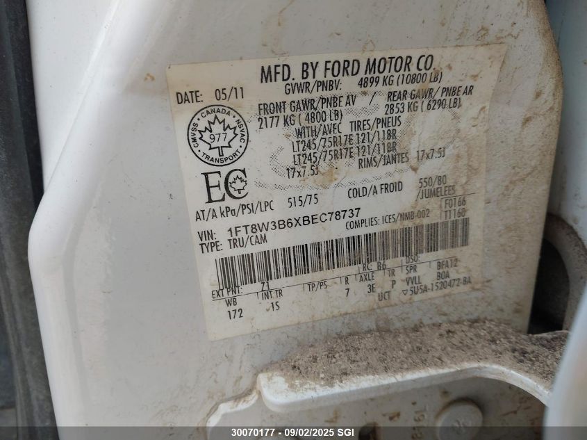 2011 Ford F350 Super Duty VIN: 1FT8W3B6XBEC78737 Lot: 30070177