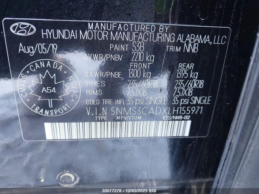 2020 Hyundai Santa Fe Sel/Sel Plus VIN: 5NMS3CADXLH155971 Lot: 30077278