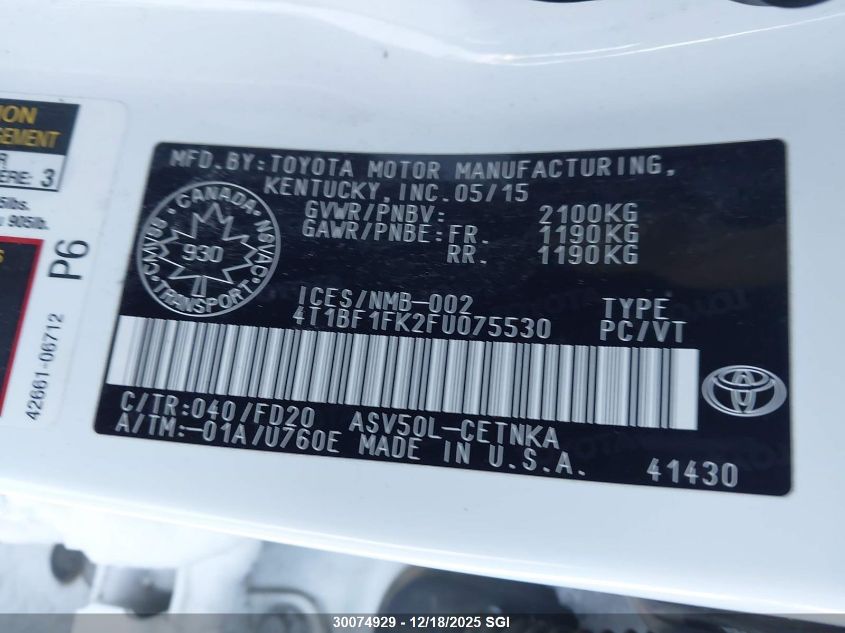 2015 Toyota Camry Le/Xle/Se/Xse VIN: 4T1BF1FK2FU075530 Lot: 30074929