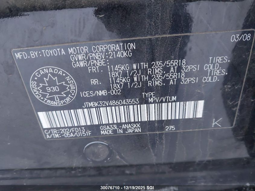 2008 Toyota Rav4 Sport VIN: JTMBK32V486043553 Lot: 30076710