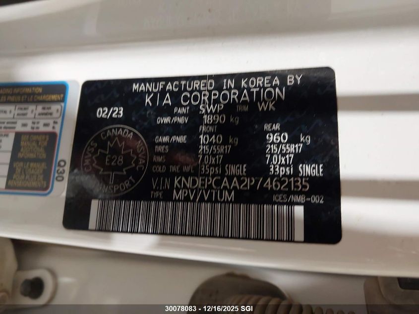 2023 Kia Seltos Lx VIN: KNDEPCAA2P7462135 Lot: 30078083