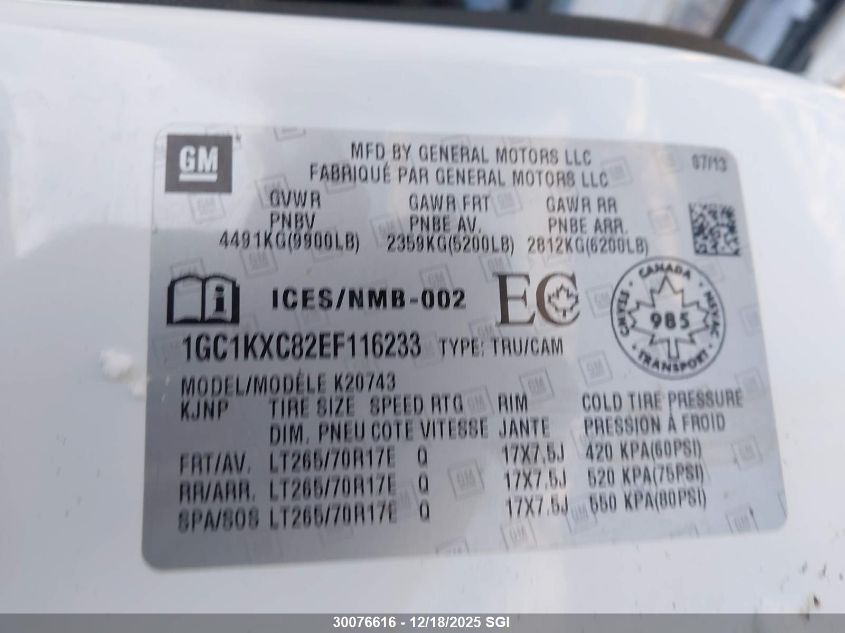 2014 Chevrolet Silverado K2500 Heavy Duty Lt VIN: 1GC1KXC82EF116233 Lot: 30076616