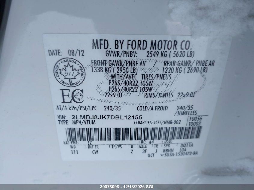 2013 Lincoln Mkx VIN: 2LMDJ8JK7DBL12155 Lot: 30078098