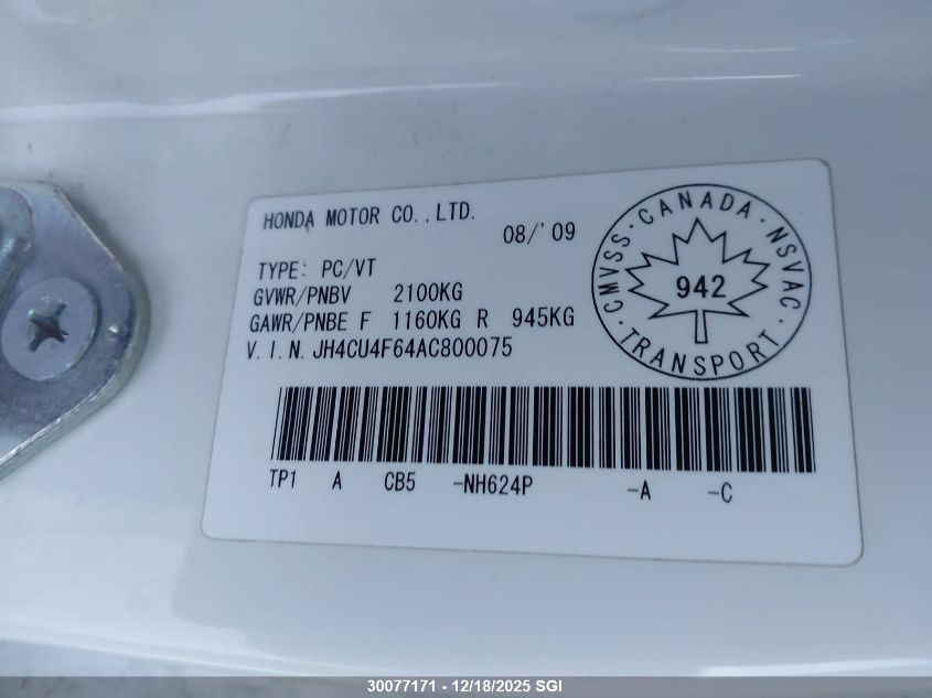 2010 Acura Tsx VIN: JH4CU4F64AC800075 Lot: 30077171