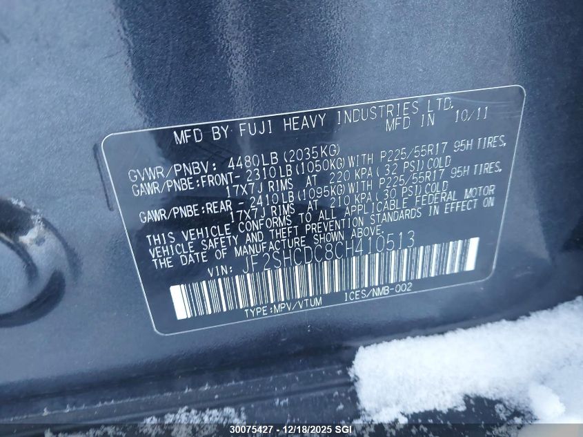 2012 Subaru Forester 2.5X Premium VIN: JF2SHCDC8CH410513 Lot: 30075427