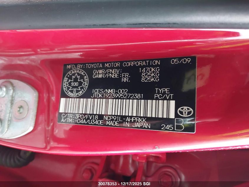 2009 Toyota Yaris VIN: JTDKT923995272381 Lot: 30078353