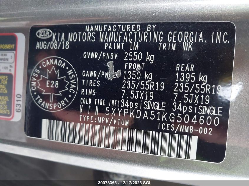 2019 Kia Sorento Sx/Sxl VIN: 5XYPKDA51KG504600 Lot: 30078355