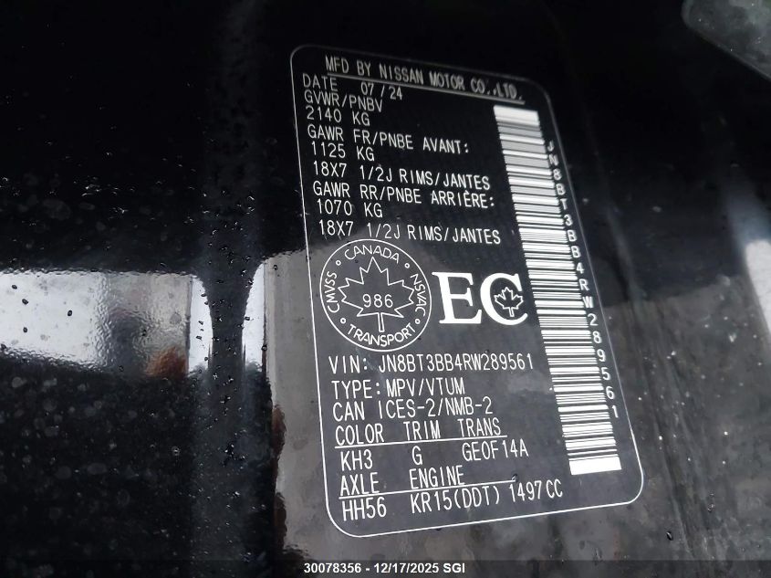 2024 Nissan Rogue Sv VIN: JN8BT3BB4RW289561 Lot: 30078356