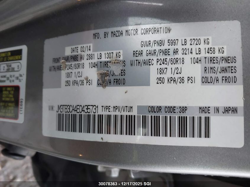 2014 Mazda Cx-9 Touring VIN: JM3TB3CA4E0435731 Lot: 30078363