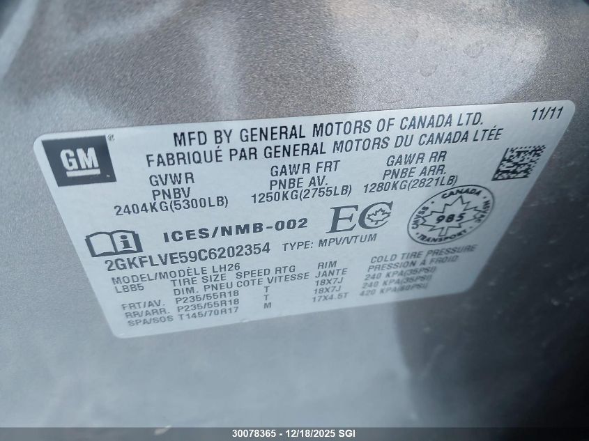 2012 GMC Terrain Slt VIN: 2GKFLVE59C6202354 Lot: 30078365