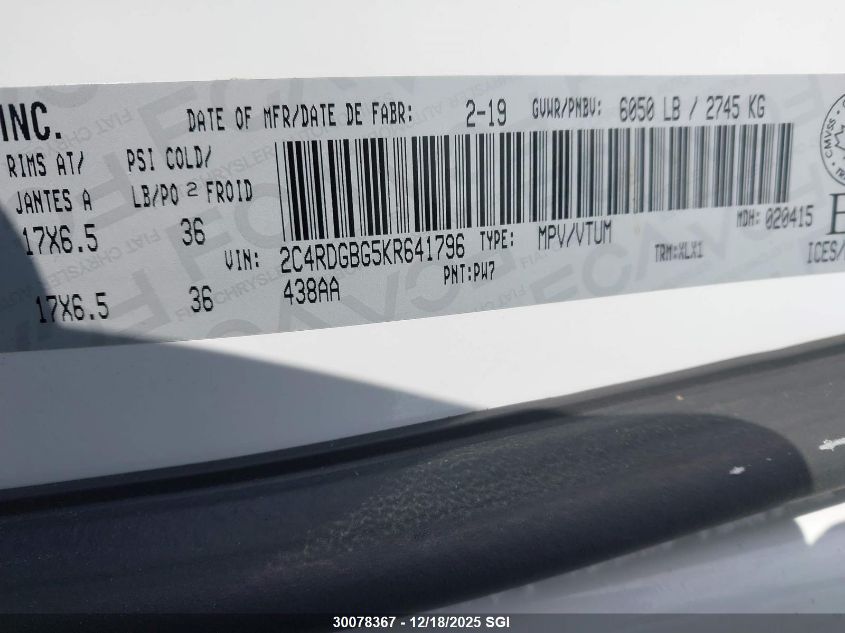 2019 Dodge Grand Caravan Se VIN: 2C4RDGBG5KR641796 Lot: 30078367