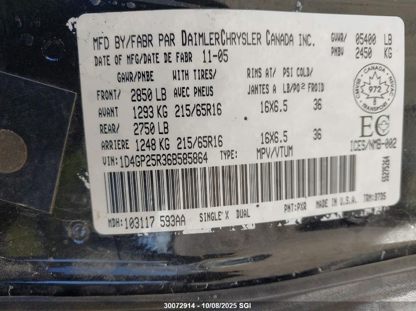 2006 Dodge Caravan Se VIN: 1D4GP25R36B585864 Lot: 30072914