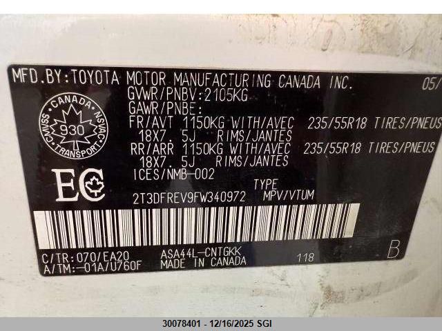 2015 Toyota Rav4 Limited VIN: 2T3DFREV9FW340972 Lot: 30078401