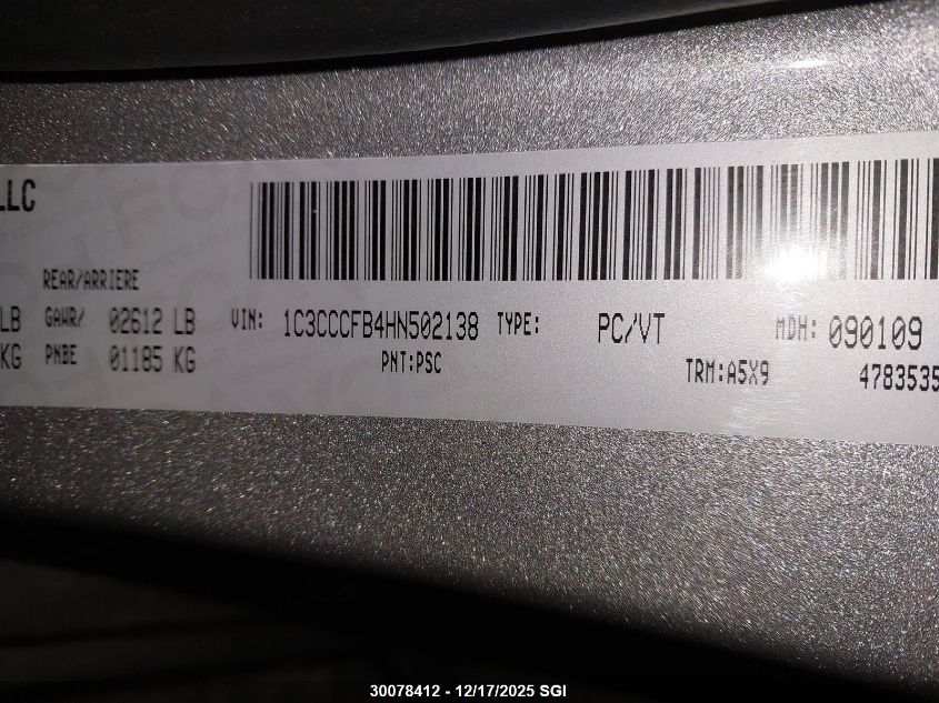 2017 Chrysler 200 Lx VIN: 1C3CCCFB4HN502138 Lot: 30078412