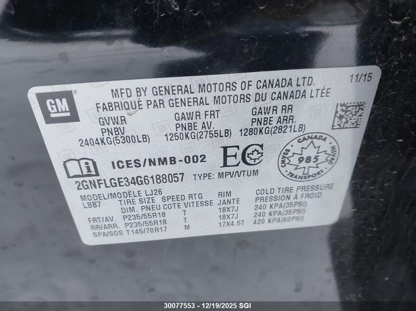 2016 Chevrolet Equinox Ltz VIN: 2GNFLGE34G6188057 Lot: 30077553