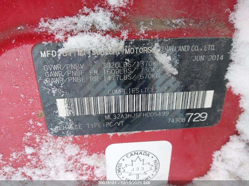 2015 Mitsubishi Mirage De VIN: ML32A3HJ5FH005499 Lot: 30076181