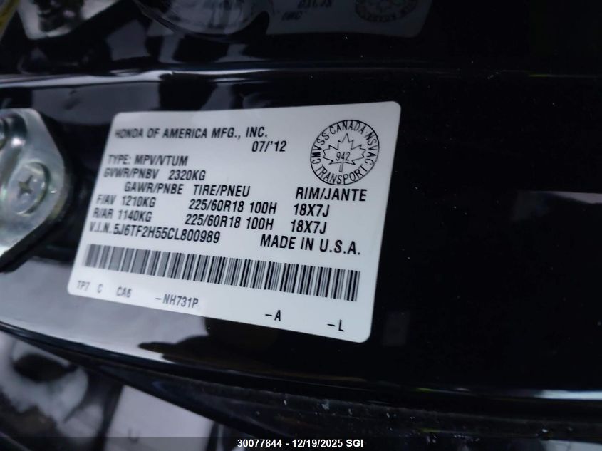 2012 Honda Crosstour Exl VIN: 5J6TF2H55CL800989 Lot: 30077844