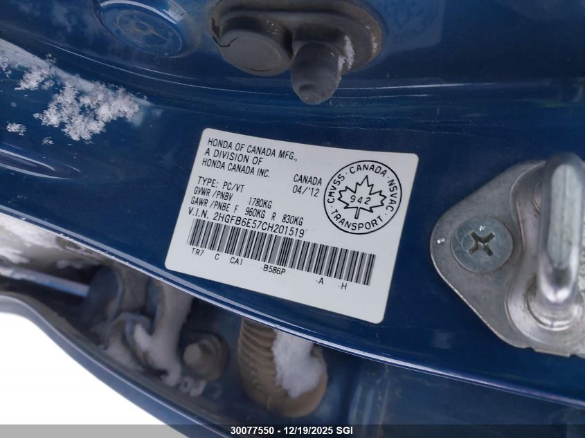 2012 Honda Civic Si VIN: 2HGFB6E57CH201519 Lot: 30077550