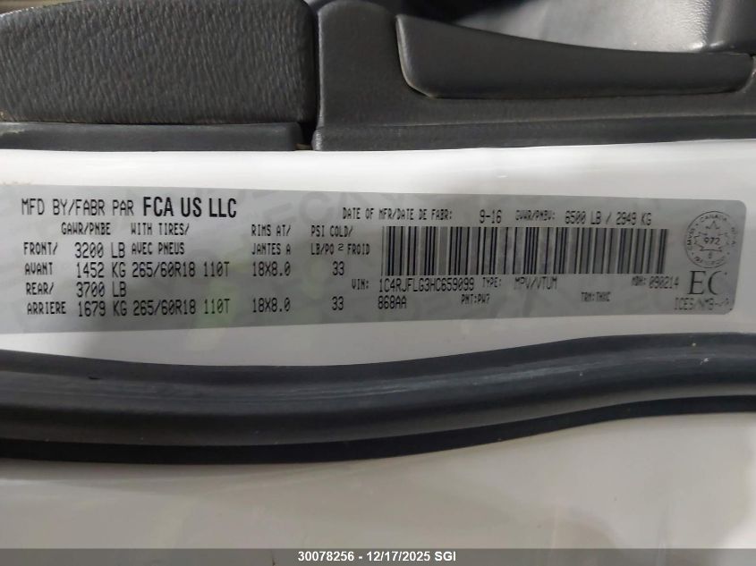 2017 Jeep Grand Cherokee Trailhawk VIN: 1C4RJFLG3HC659099 Lot: 30078256