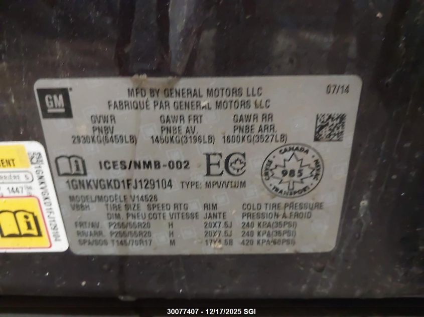 2015 Chevrolet Traverse Lt VIN: 1GNKVGKD1FJ129104 Lot: 30077407