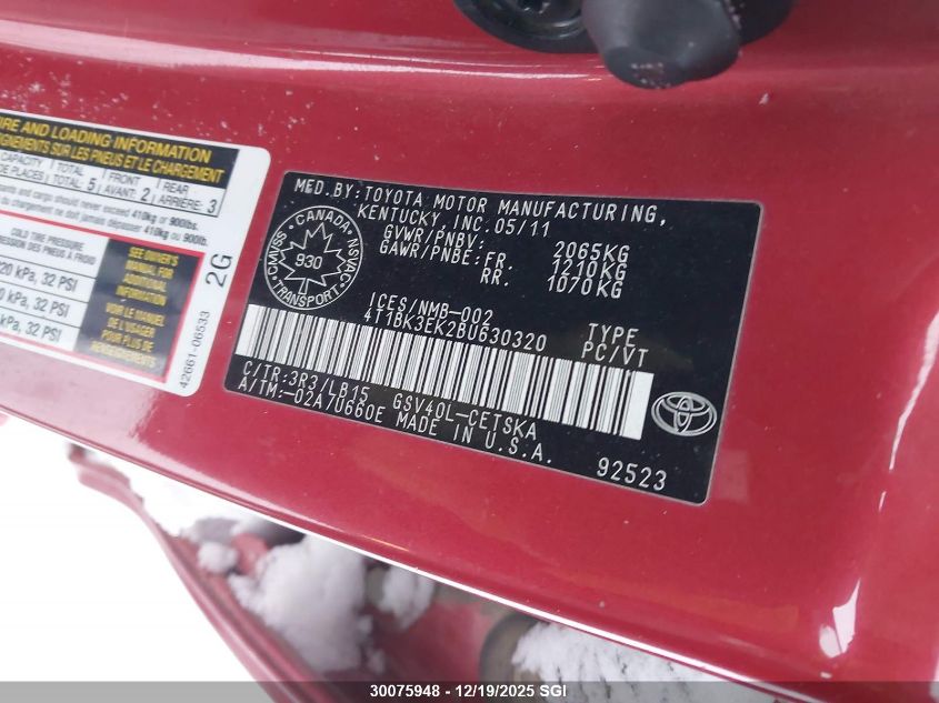 2011 Toyota Camry Se/Le/Xle VIN: 4T1BK3EK2BU630320 Lot: 30075948