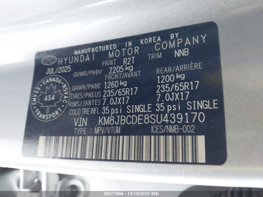 2025 Hyundai Tucson Sel VIN: KM8JBCDE8SU439170 Lot: 30077604