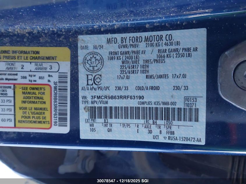 2024 Ford Bronco Sport Big Bend VIN: 3FMCR9B63RRF63190 Lot: 30078547